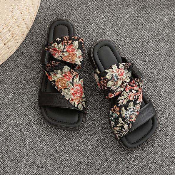 Linen Printed Fashion Open Toe Genuine Leather Slippers
