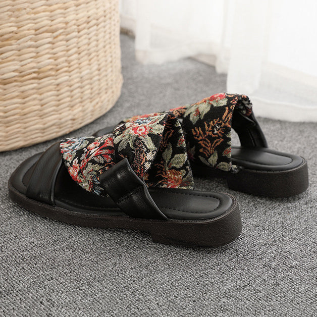 Linen Printed Fashion Open Toe Genuine Leather Slippers