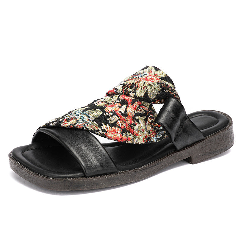 Linen Printed Fashion Open Toe Genuine Leather Slippers