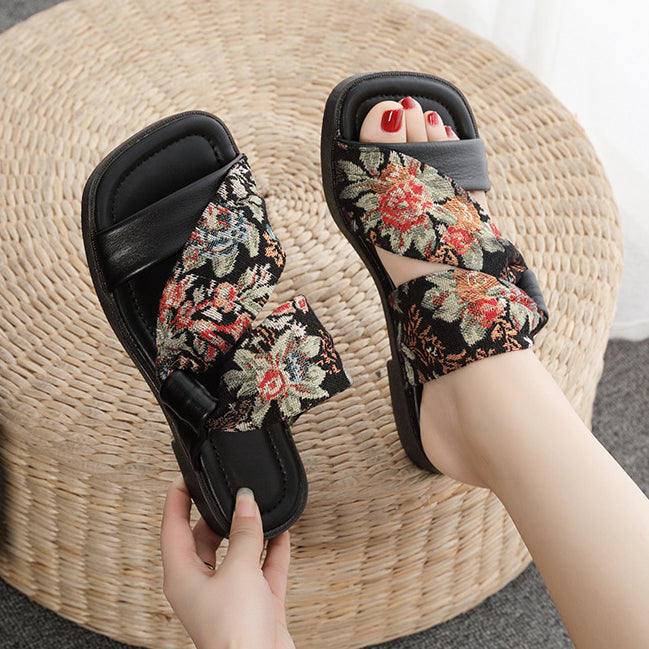 Linen Printed Fashion Open Toe Genuine Leather Slippers