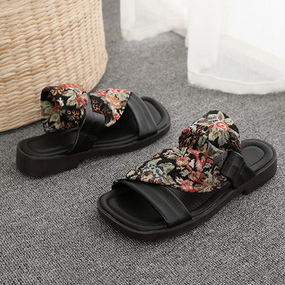 Linen Printed Fashion Open Toe Genuine Leather Slippers