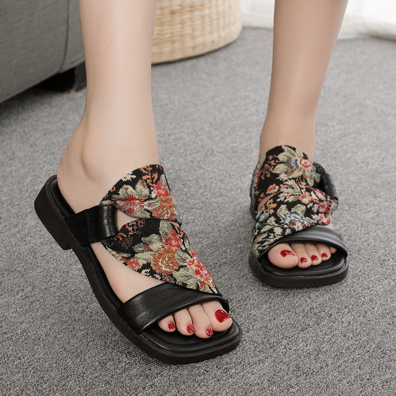 Linen Printed Fashion Open Toe Genuine Leather Slippers