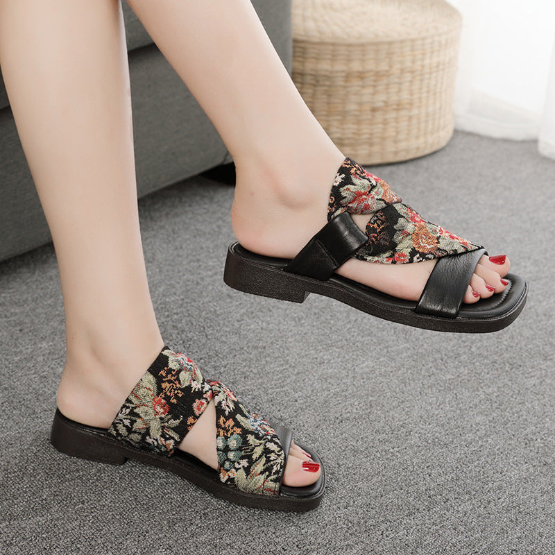 Linen Printed Fashion Open Toe Genuine Leather Slippers
