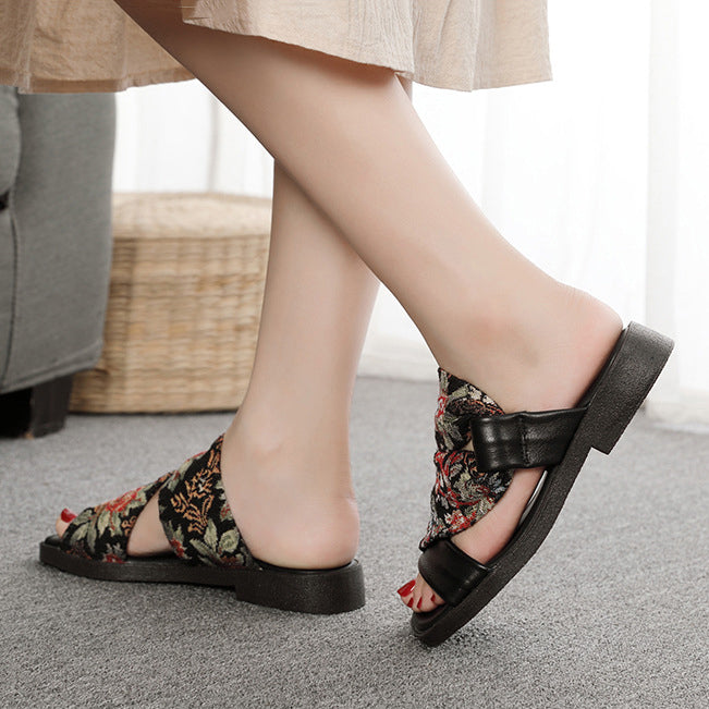 Linen Printed Fashion Open Toe Genuine Leather Slippers