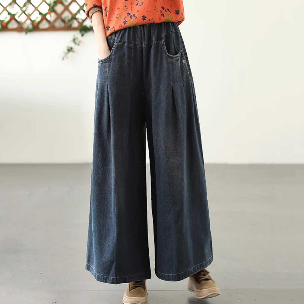 Loose Fit Gathered Washed Wide-leg Jeans