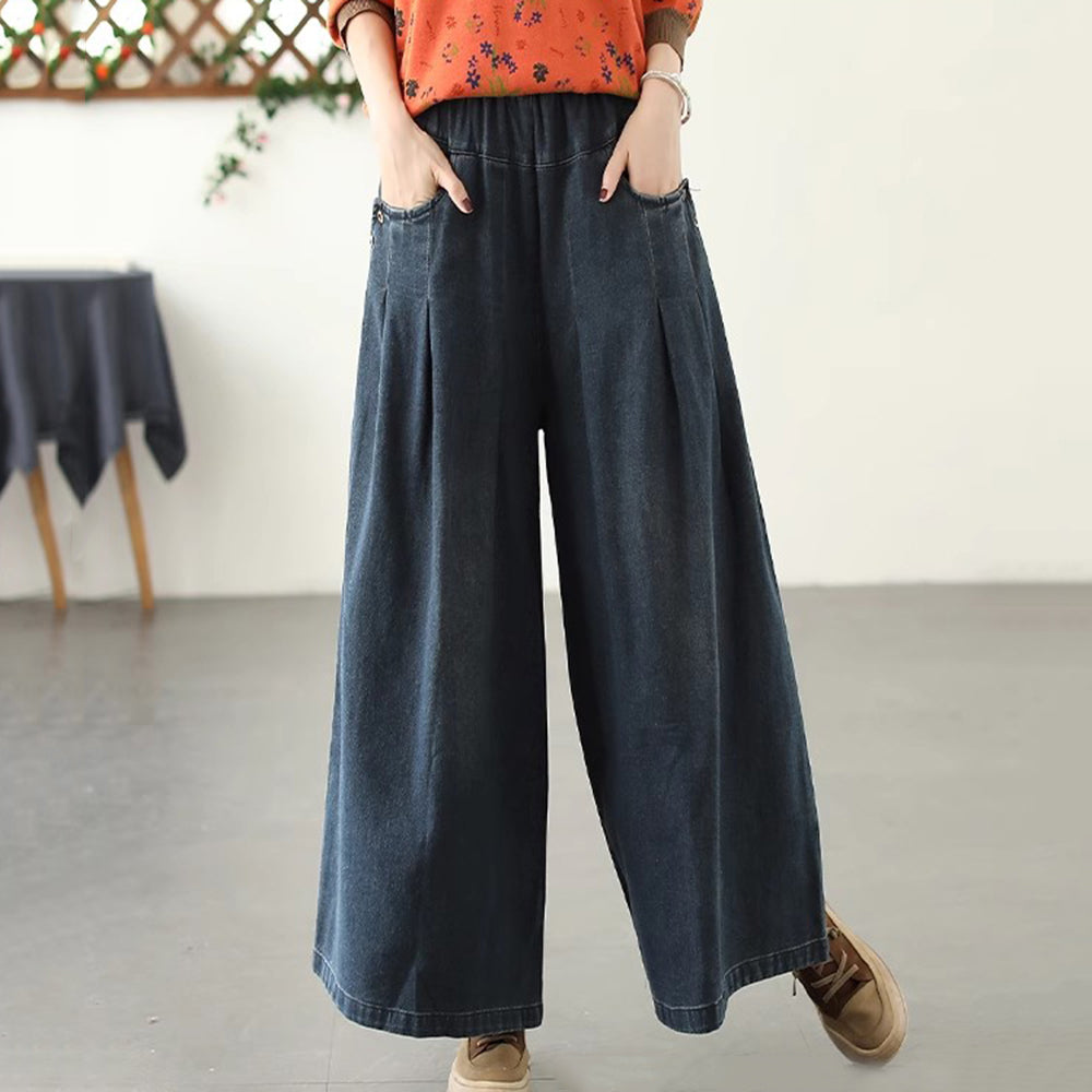 Loose Fit Gathered Washed Wide-leg Jeans