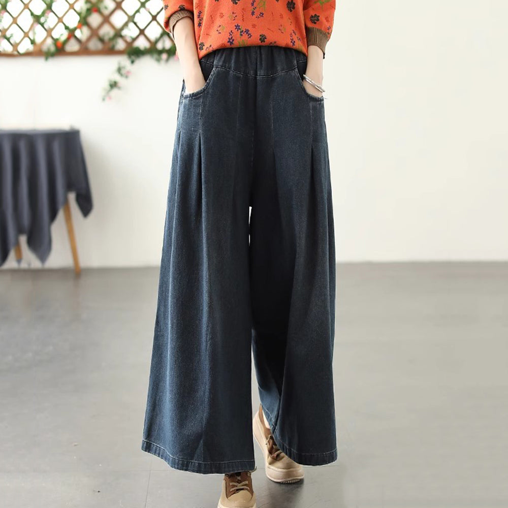 Loose Fit Gathered Washed Wide-leg Jeans