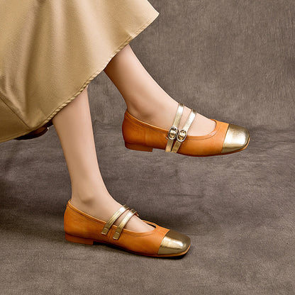 Mary Jane Double Strap Panelled Square Toe Shoes