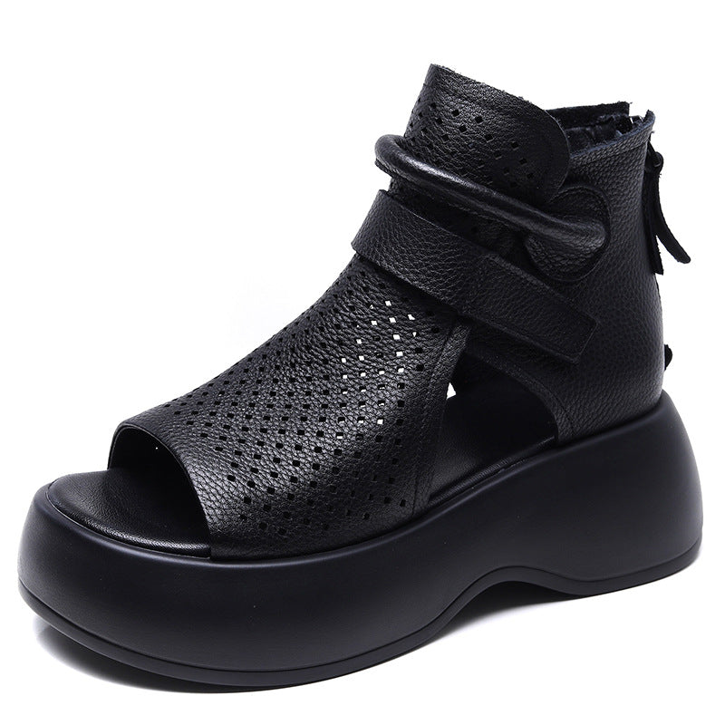 Peep Toe Hollow-out Breathable Rear Zipper Platform Sandals