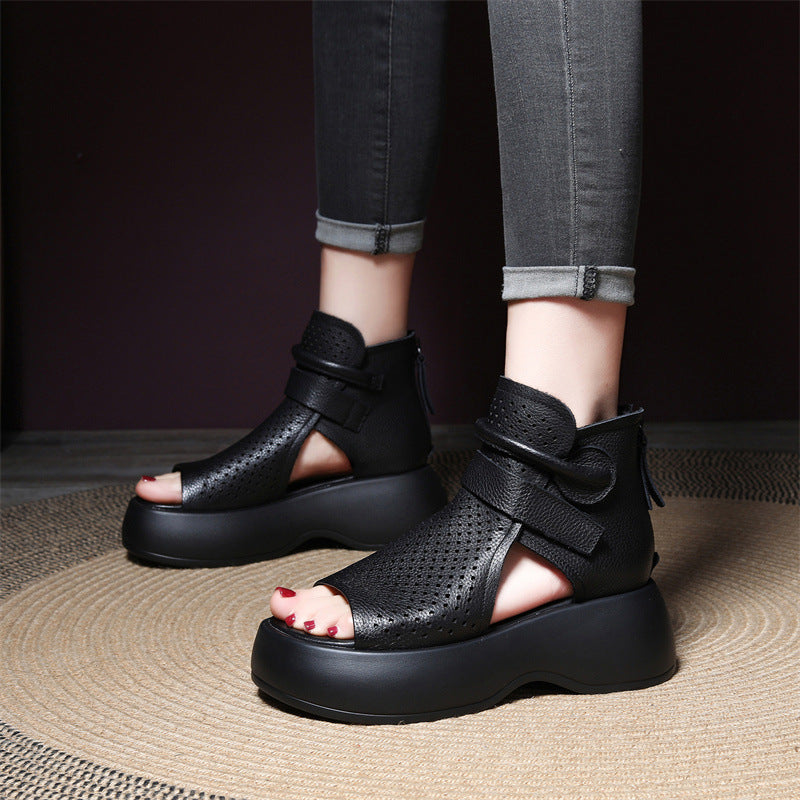 Peep Toe Hollow-out Breathable Rear Zipper Platform Sandals