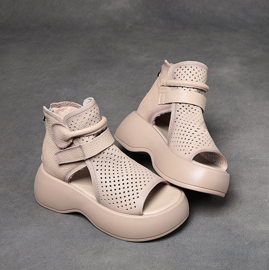 Peep Toe Hollow-out Breathable Rear Zipper Platform Sandals