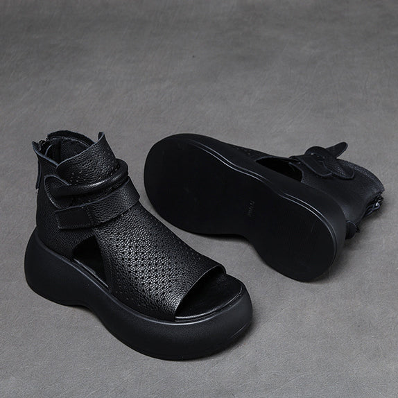 Peep Toe Hollow-out Breathable Rear Zipper Platform Sandals