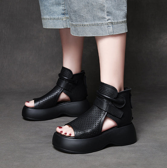 Peep Toe Hollow-out Breathable Rear Zipper Platform Sandals