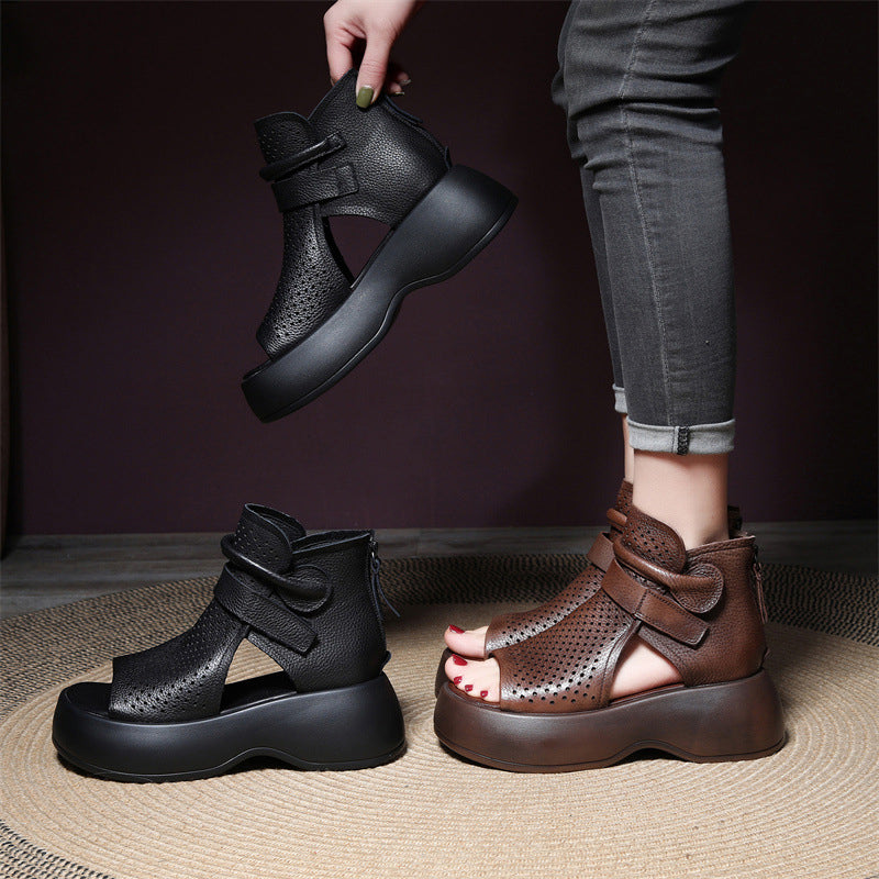 Peep Toe Hollow-out Breathable Rear Zipper Platform Sandals