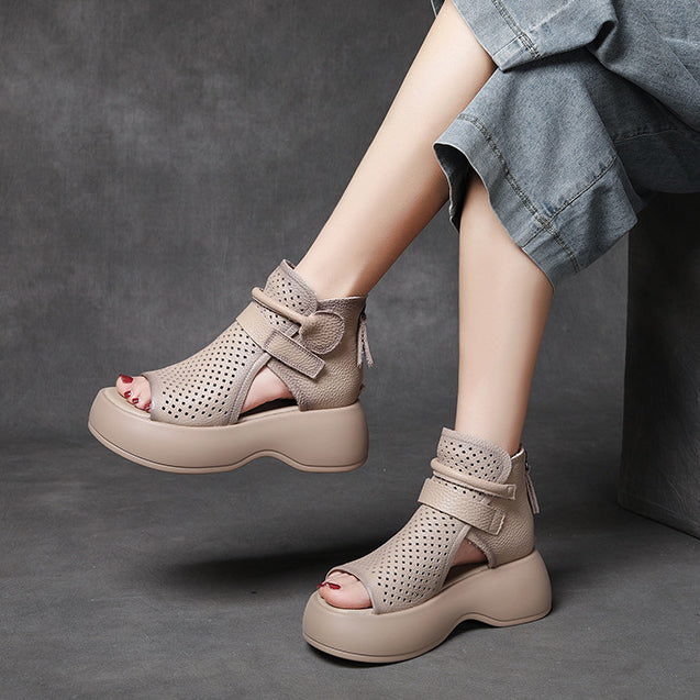 Peep Toe Hollow-out Breathable Rear Zipper Platform Sandals