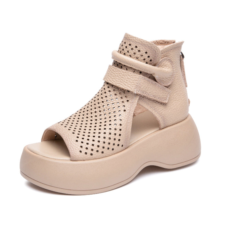 Peep Toe Hollow-out Breathable Rear Zipper Platform Sandals