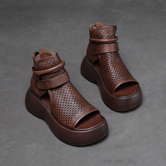 Peep Toe Hollow-out Breathable Rear Zipper Platform Sandals