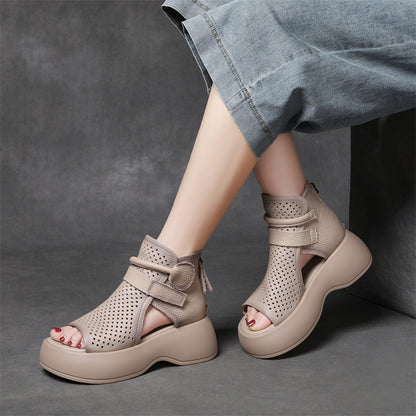 Peep Toe Hollow-out Breathable Rear Zipper Platform Sandals