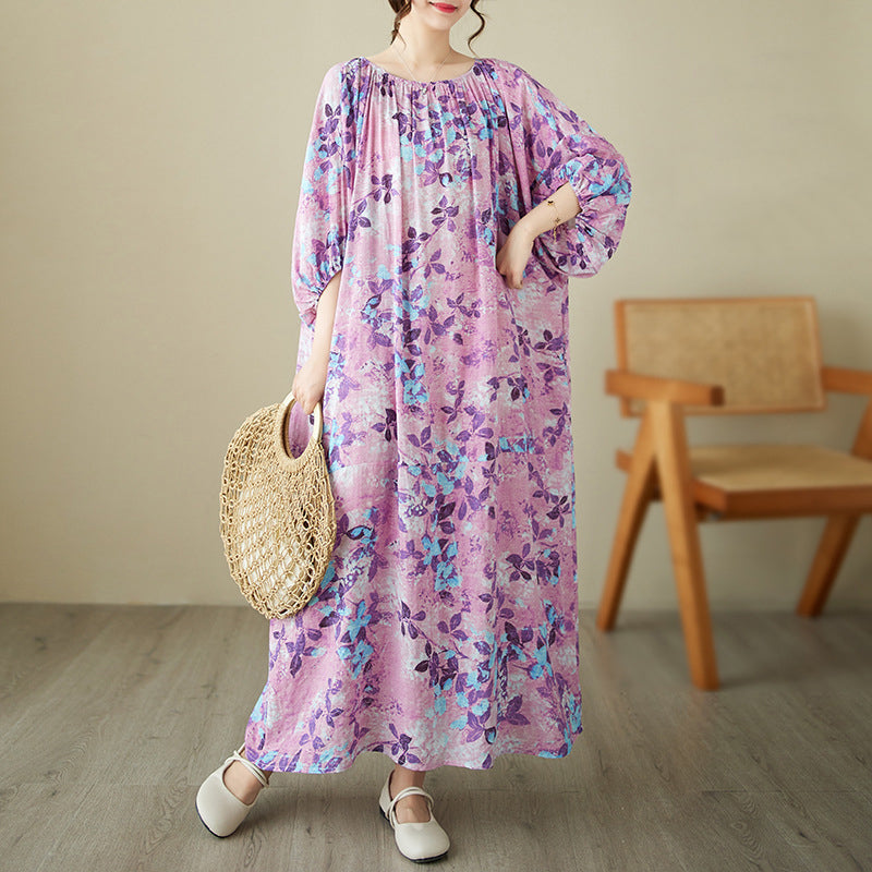 Purple Leaf-print Maxi Dress