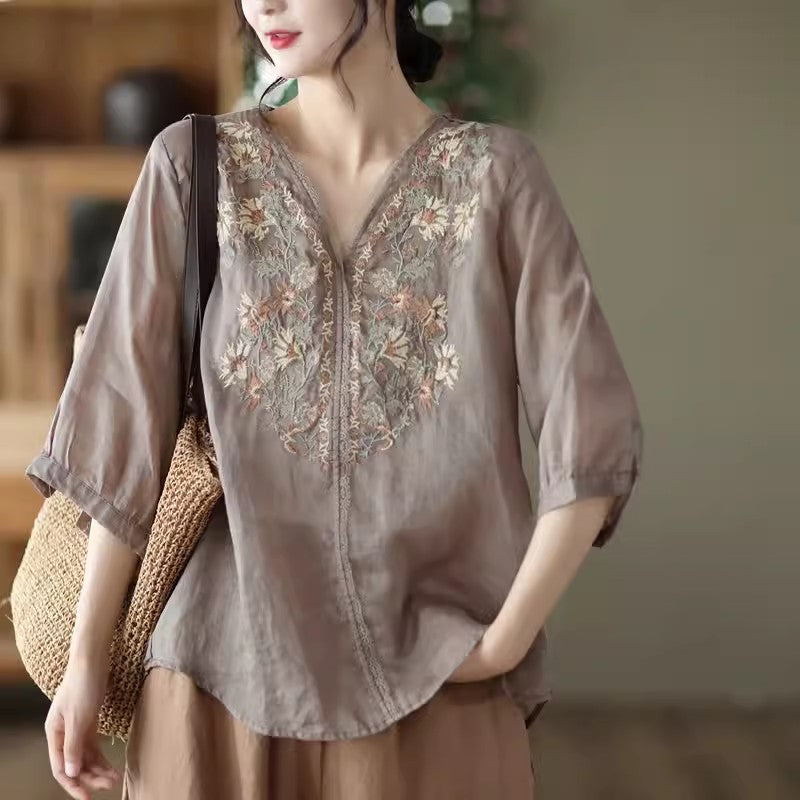 Ramie Embroidery V-neck Blouse