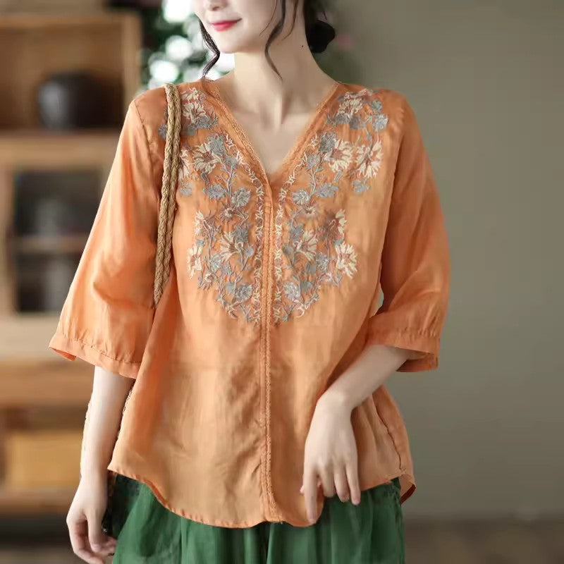 Ramie Embroidery V-neck Blouse