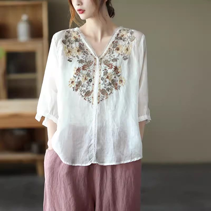 Ramie Embroidery V-neck Blouse