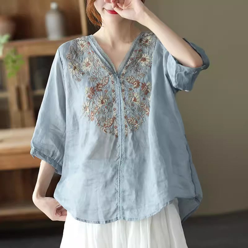 Ramie Embroidery V-neck Blouse