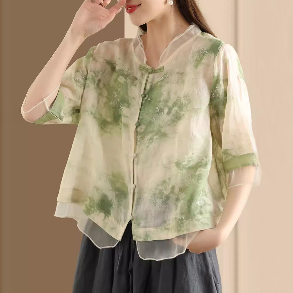 Ramie Spliced Organza Embroidered Blouse