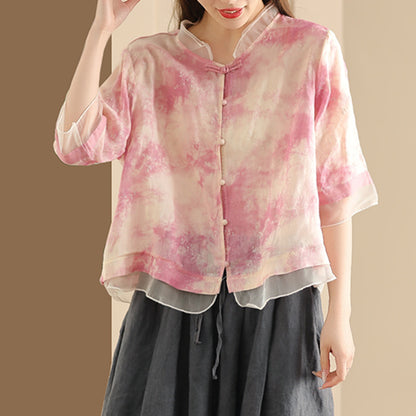 Ramie Spliced Organza Embroidered Blouse