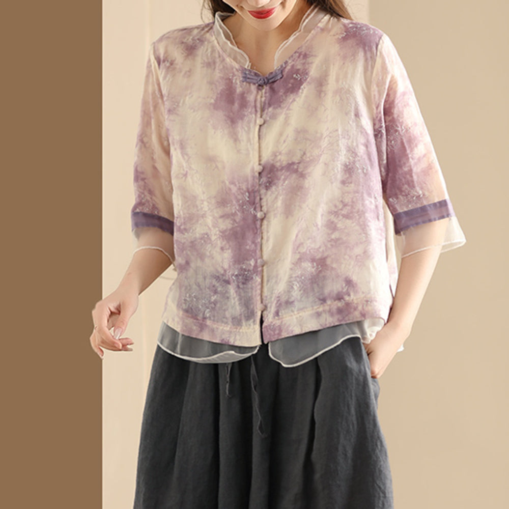 Ramie Spliced Organza Embroidered Blouse