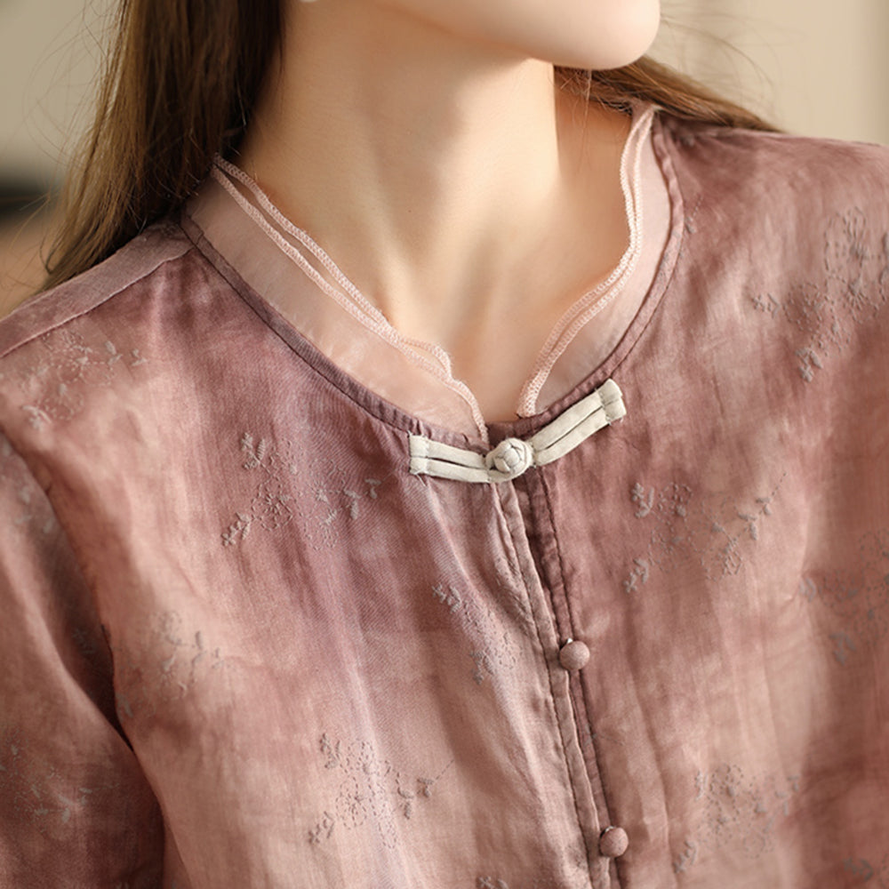 Ramie Spliced Organza Embroidered Blouse