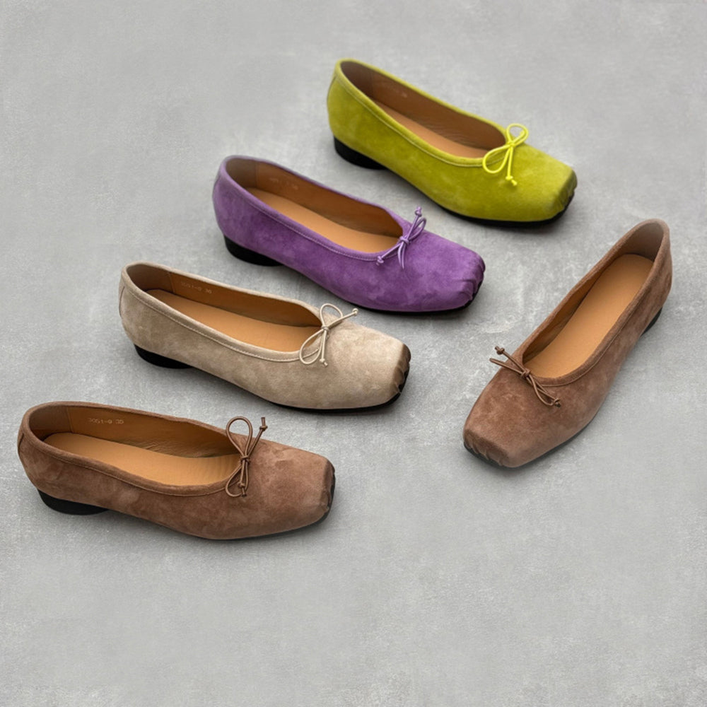 Retro Bow Square Toe Suede Leather Ballet Flats