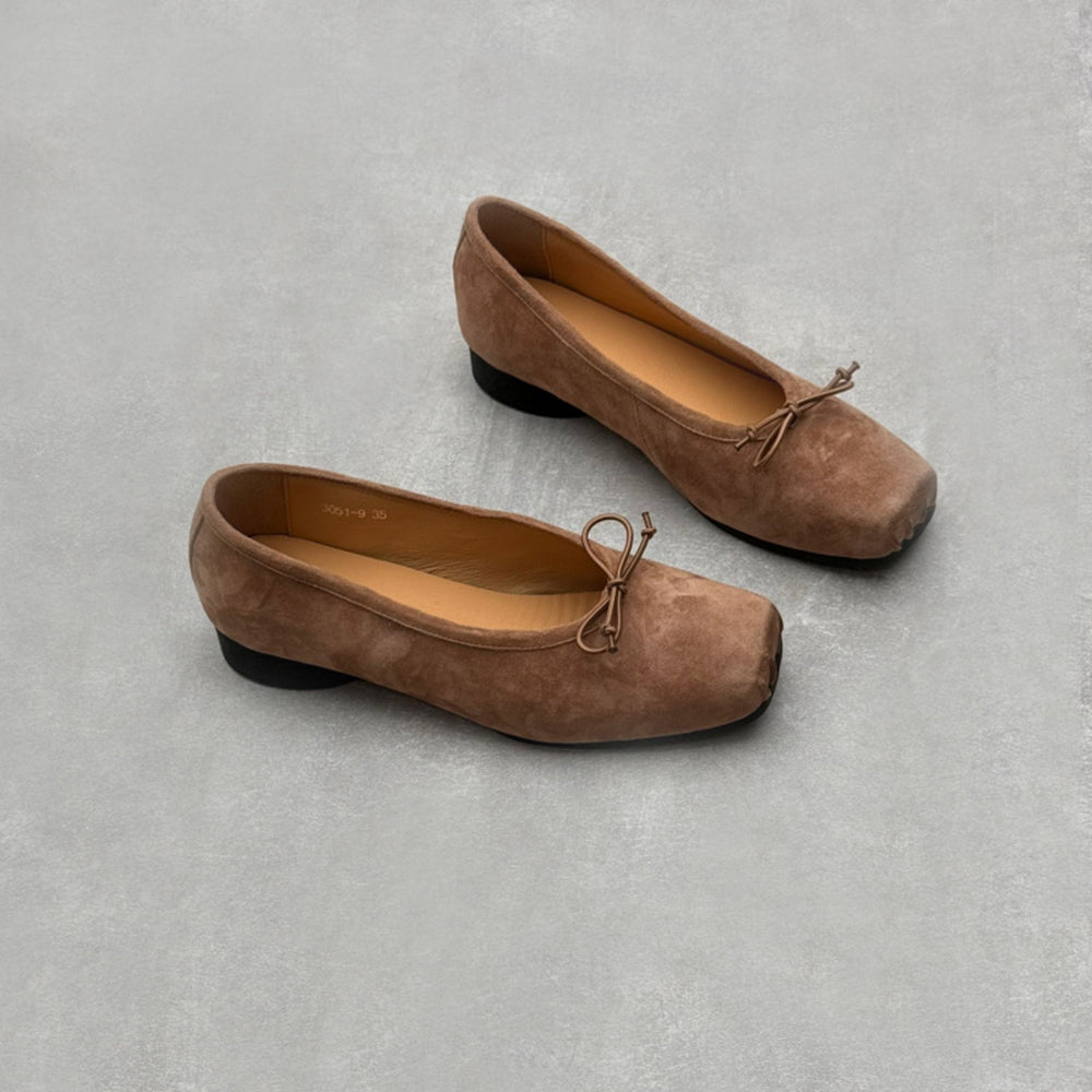 Retro Bow Square Toe Suede Leather Ballet Flats