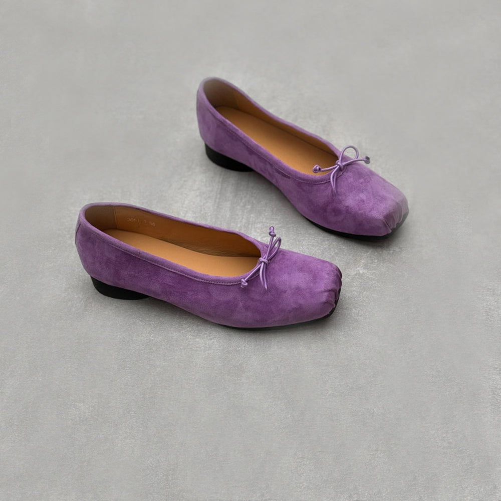 Retro Bow Square Toe Suede Leather Ballet Flats