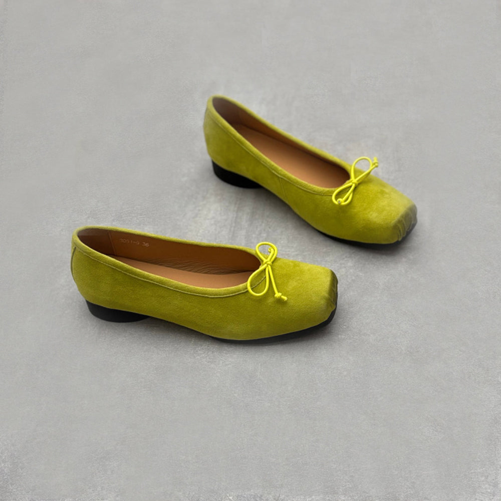 Retro Bow Square Toe Suede Leather Ballet Flats