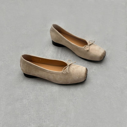 Retro Bow Square Toe Suede Leather Ballet Flats