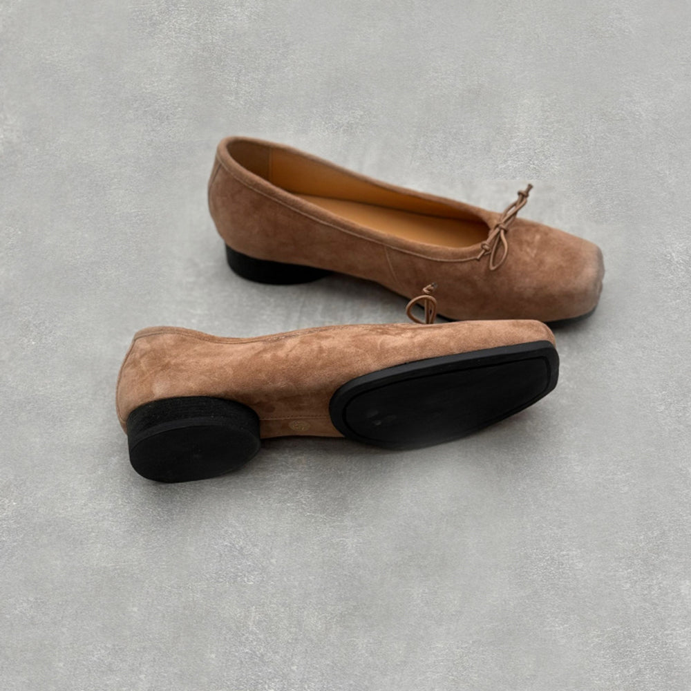 Retro Bow Square Toe Suede Leather Ballet Flats