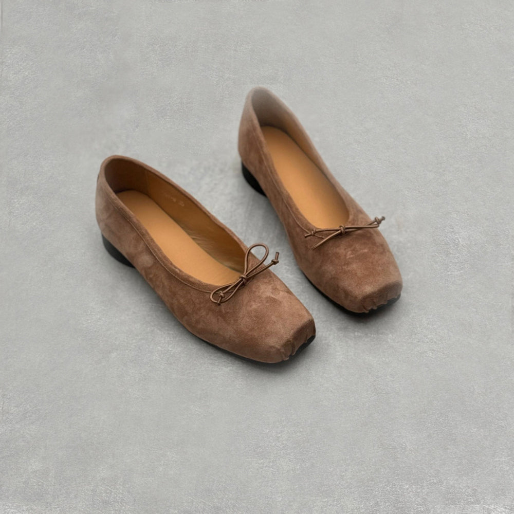 Retro Bow Square Toe Suede Leather Ballet Flats