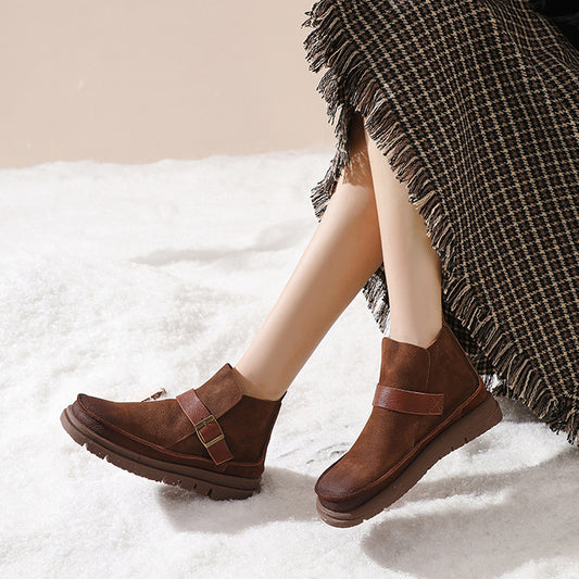 Retro British Style Ankle Boots with Buckle Accents