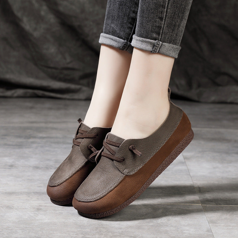 Retro Color-Block Stitching Leather Casual Flats Shoes 35-41