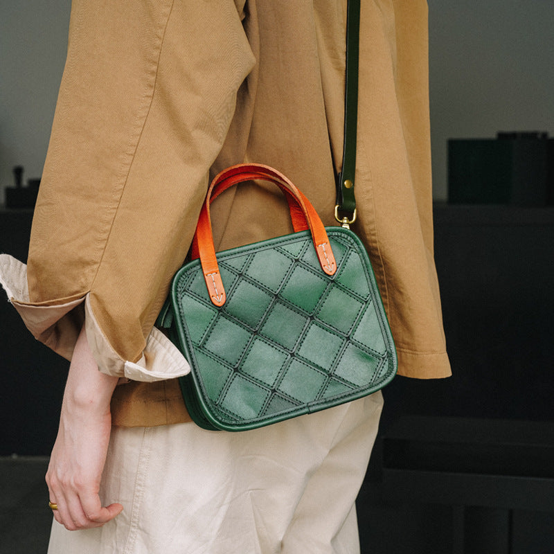 Retro Green Rhombus Leather Crossbody Bag