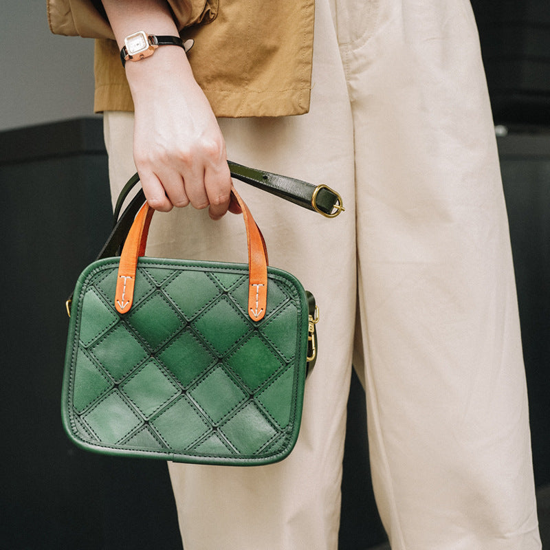 Retro Green Rhombus Leather Crossbody Bag