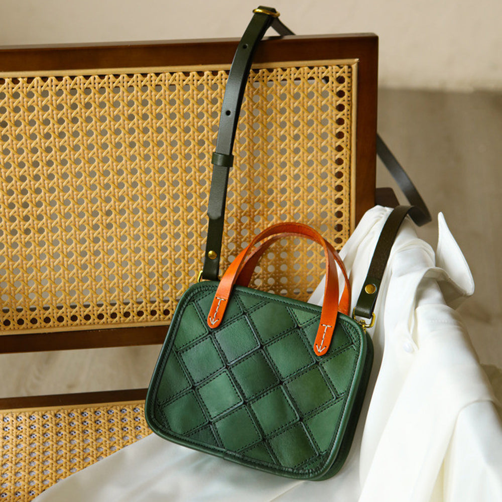 Retro Green Rhombus Leather Crossbody Bag