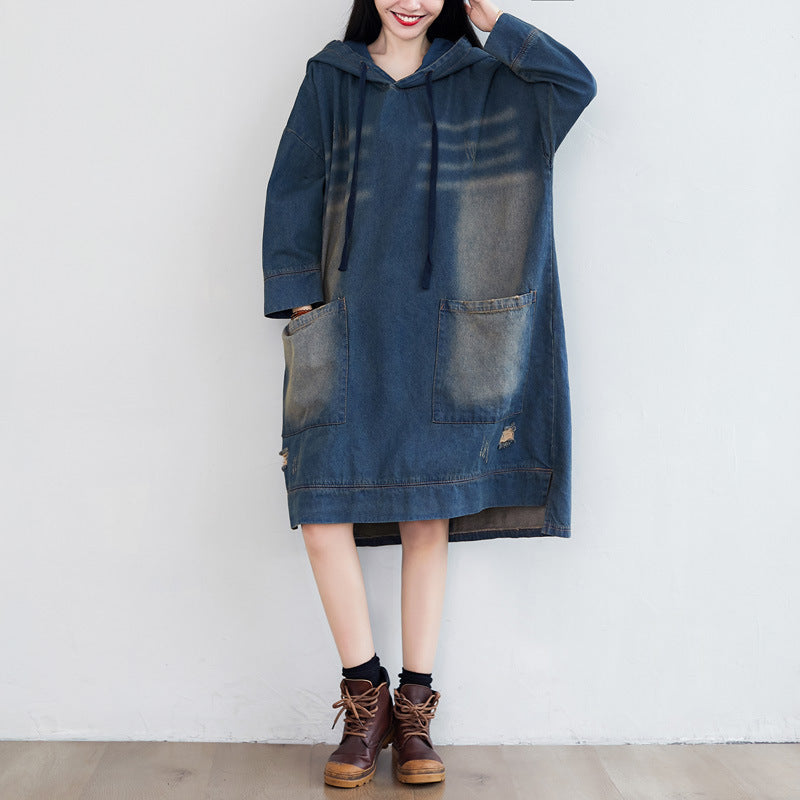 Retro Hooded Distressed Loose Fit Denim Dress