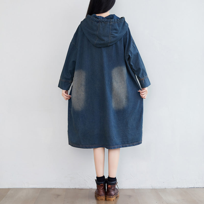 Retro Hooded Distressed Loose Fit Denim Dress