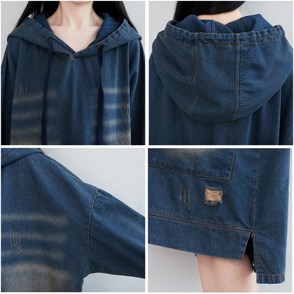 Retro Hooded Distressed Loose Fit Denim Dress