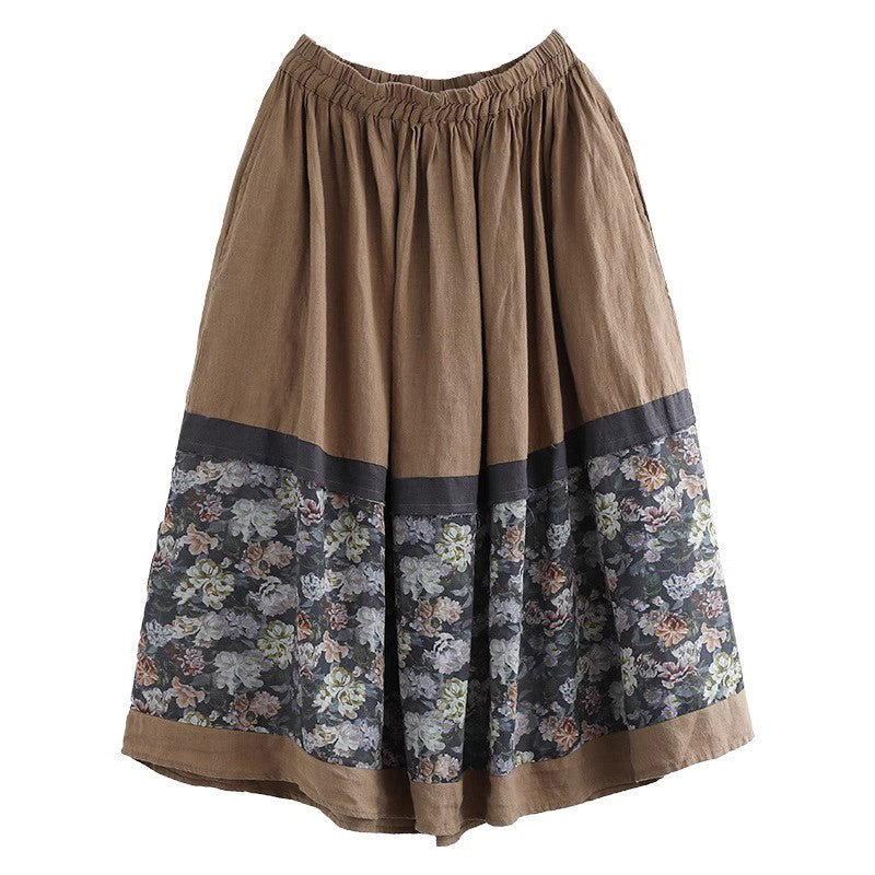 Retro Linen A-line Patch Floral Skirt