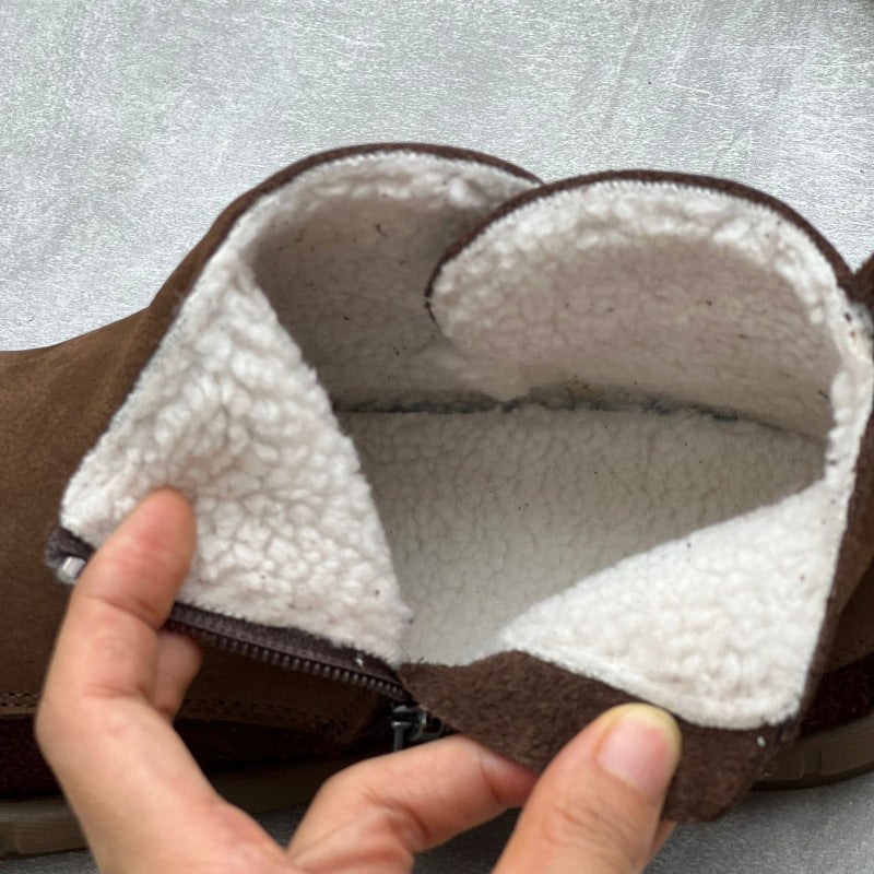 Retro Round Toe Plush Winter Leather Boots