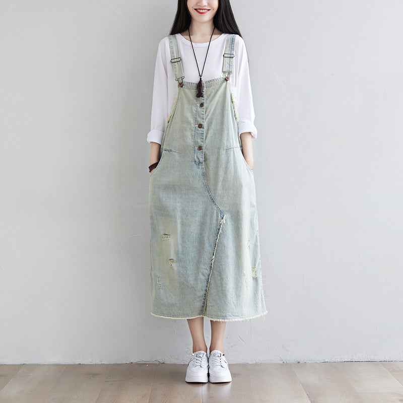 denim ripped dress Korean Style Patchwork Denim Dress Designer Ripped Dress in Denim Blue One Size