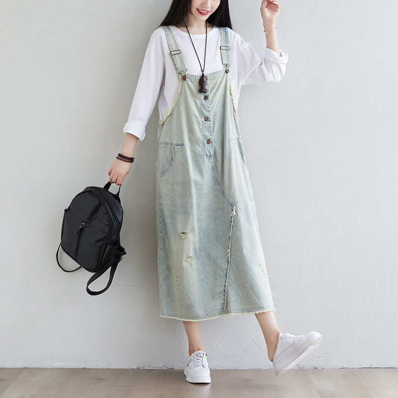 Retro Washed Denim Loose Fit Ripped Strap Dress